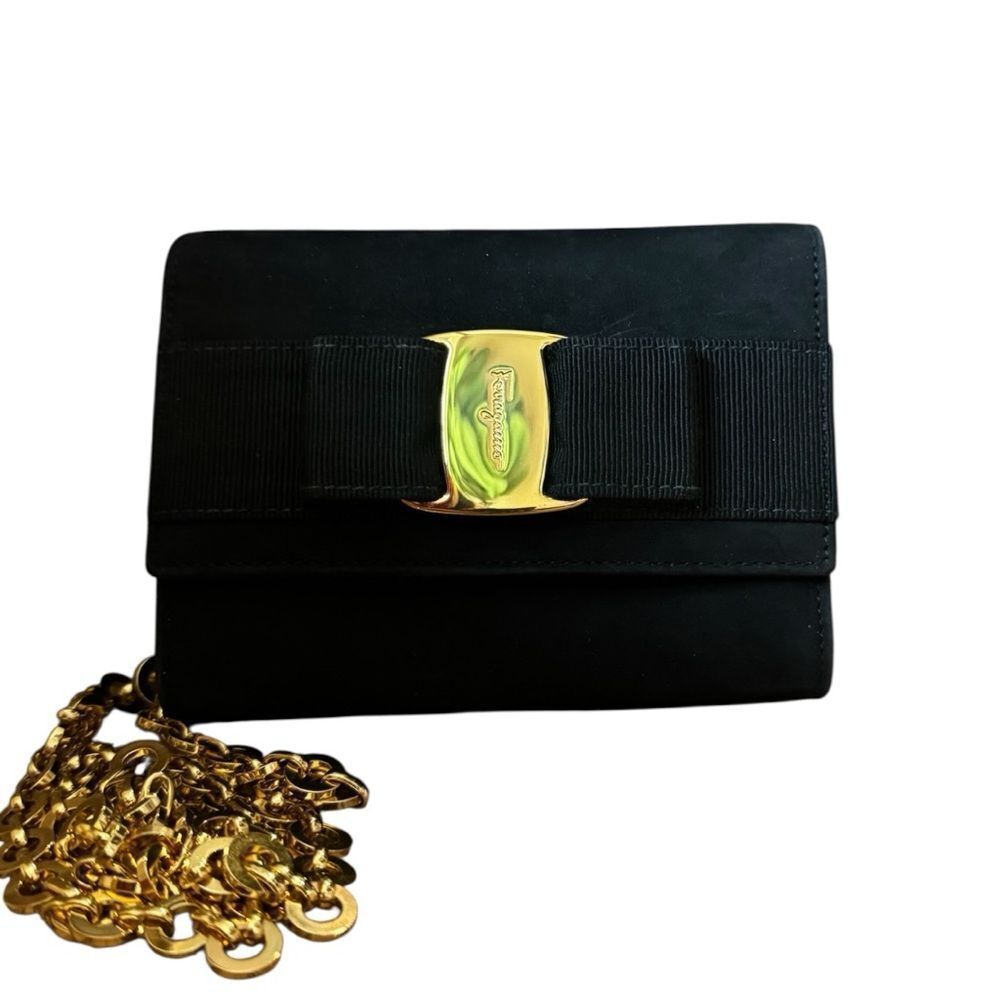Salvatore Ferragamo Vara Ribbon Black Suede Chain Shoulder Bag Mini Pochette